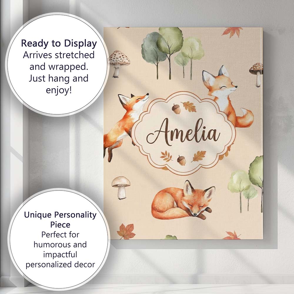 Personalised Name Woodland Fox with Trees Custom Unique Gift Idea Elegant Feature Canvas Wall Art Print Decor Picture Ready to Hang