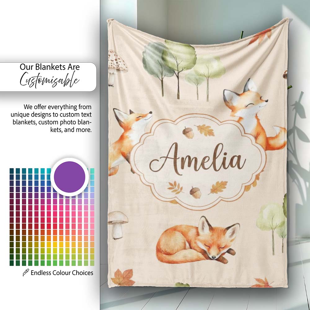 Woodland Fox with Trees Leaves Mushrooms Soft Beige Seamless Personalised Custom Name Super Soft Fleece Blanket Bed Sofa Throw