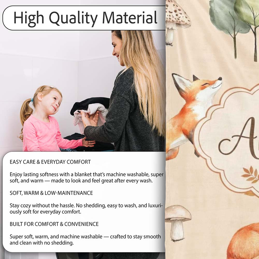 Woodland Fox with Trees Leaves Mushrooms Soft Beige Seamless Personalised Custom Name Super Soft Fleece Blanket Bed Sofa Throw