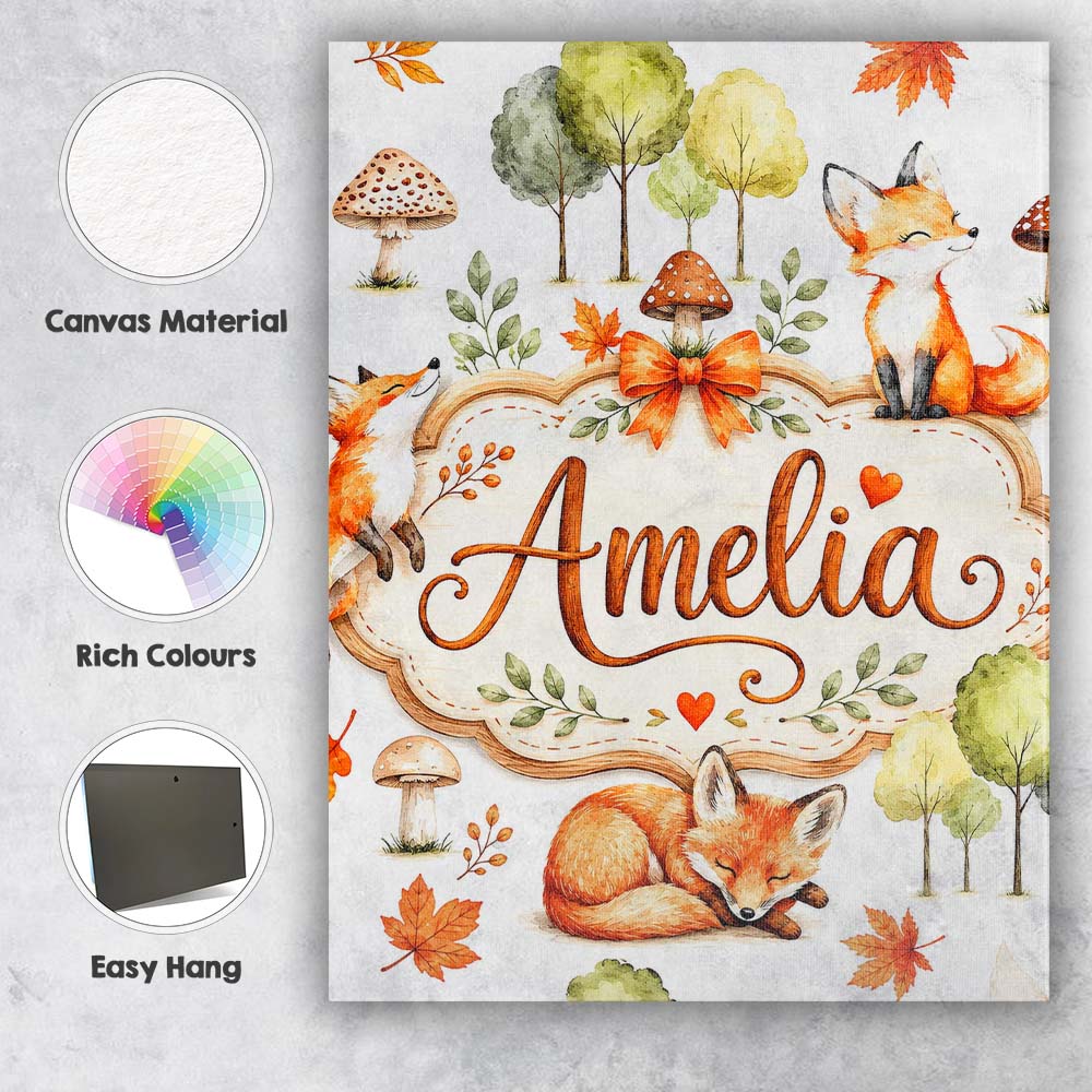 Personalised Name Woodland Fox with Trees Custom Unique Gift Idea Elegant Feature Canvas Wall Art Print Decor Picture Ready to Hang