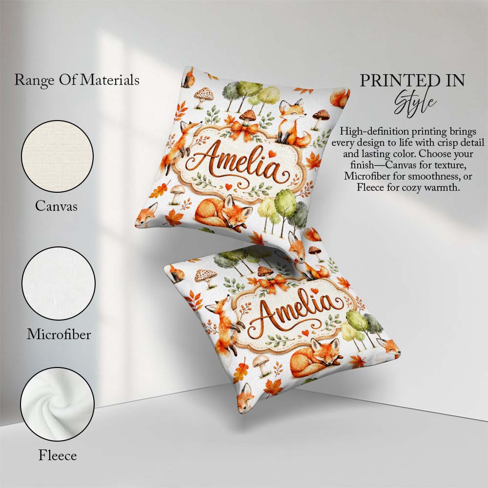 Custom Name Woodland Fox with Trees Mushrooms Soft Grey Seamless Square Filled Cushion Throw Pillow Sofa Bed Home Decor Zip Washable UK Made