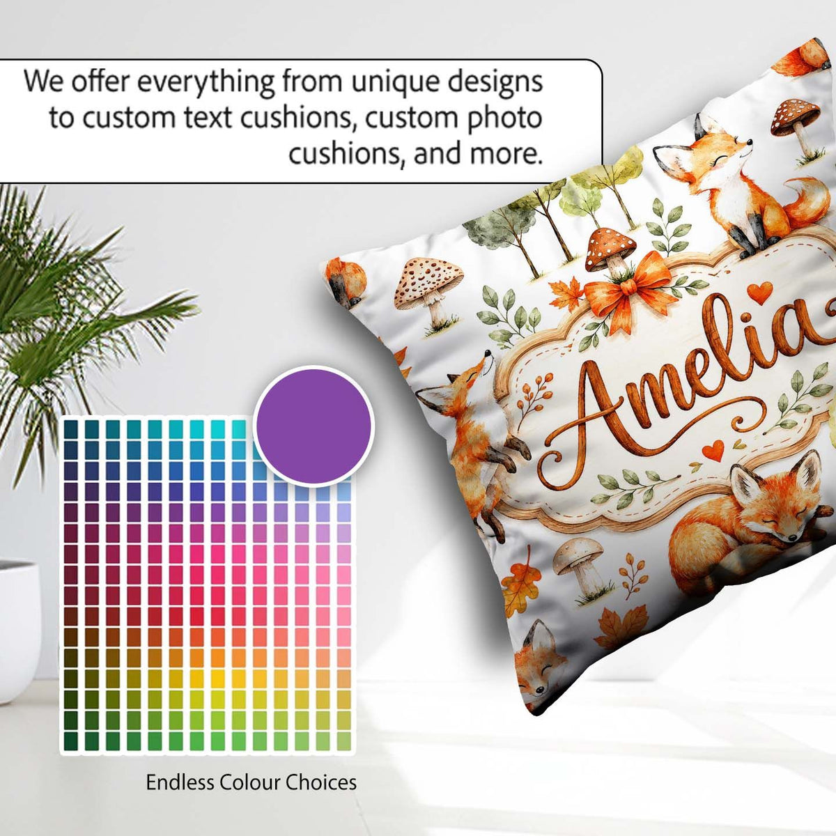 Custom Name Woodland Fox with Trees Mushrooms Soft Grey Seamless Square Filled Cushion Throw Pillow Sofa Bed Home Decor Zip Washable UK Made