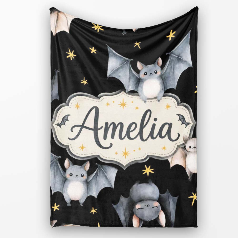 Cute Baby Bats with Stars Night Sky Black Background Seamless Personalised Custom Name Super Soft Fleece Blanket Bed Sofa Throw