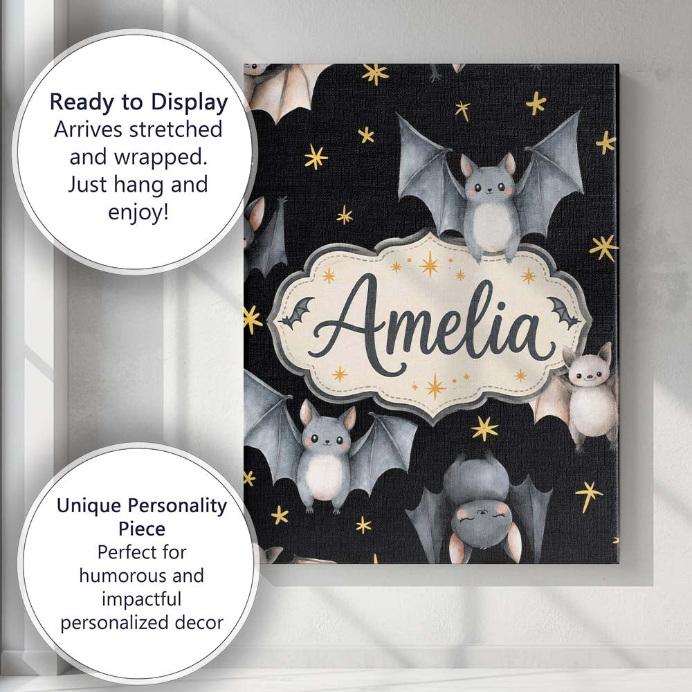 Personalised Name Cute Baby Bats with Stars Custom Bespoke Interior Contemporary Canvas Wall Art Print Decor Picture Ready to Hang