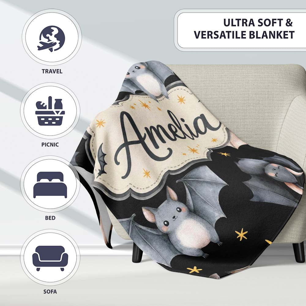Cute Baby Bats with Stars Night Sky Black Background Seamless Personalised Custom Name Super Soft Fleece Blanket Bed Sofa Throw
