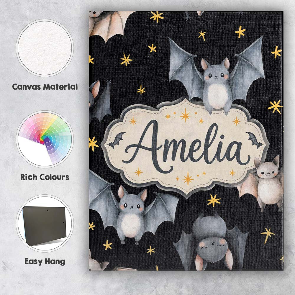 Personalised Name Cute Baby Bats with Stars Custom Bespoke Interior Contemporary Canvas Wall Art Print Decor Picture Ready to Hang