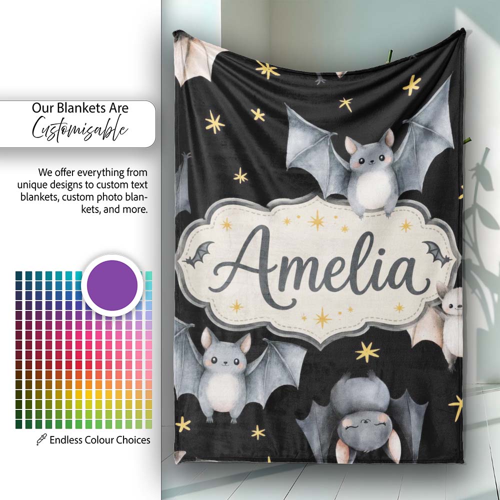 Cute Baby Bats with Stars Night Sky Black Background Seamless Personalised Custom Name Super Soft Fleece Blanket Bed Sofa Throw