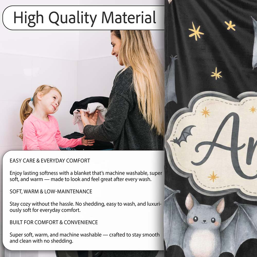 Cute Baby Bats with Stars Night Sky Black Background Seamless Personalised Custom Name Super Soft Fleece Blanket Bed Sofa Throw