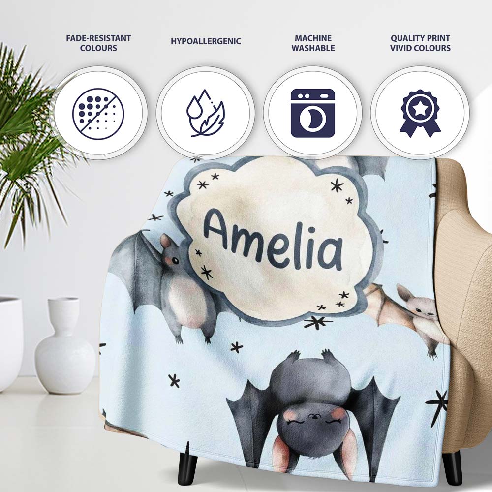 Cute Baby Bats with Stars Night Sky Blue Background Seamless Personalised Custom Name Super Soft Fleece Blanket Bed Sofa Throw