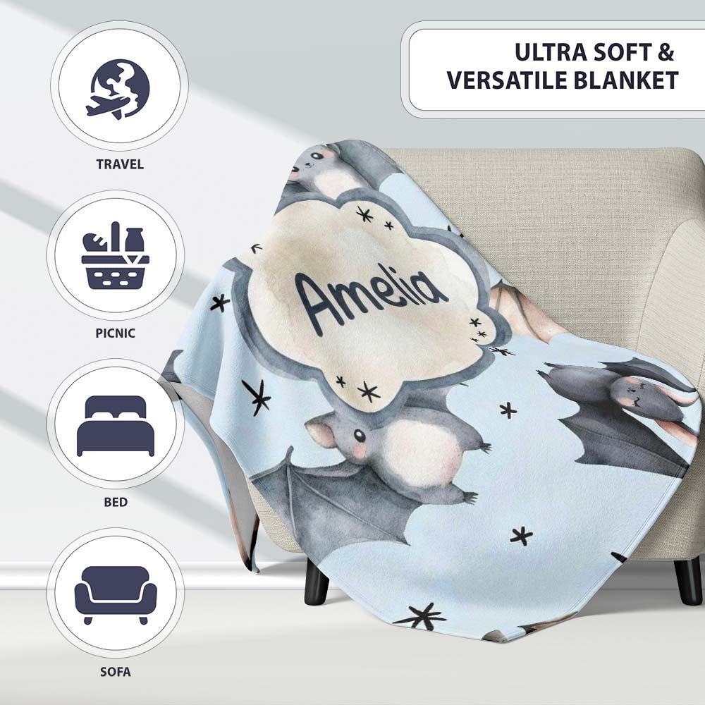 Cute Baby Bats with Stars Night Sky Blue Background Seamless Personalised Custom Name Super Soft Fleece Blanket Bed Sofa Throw