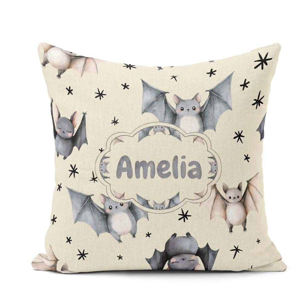 Custom Name Cute Baby Bats with Stars Night Sky Beige Background Square Filled Cushion Throw Pillow Sofa Bed Home Decor Zip Washable UK Made