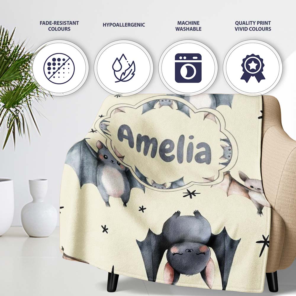 Cute Baby Bats with Stars Night Sky Beige Background Seamless Personalised Custom Name Super Soft Fleece Blanket Bed Sofa Throw