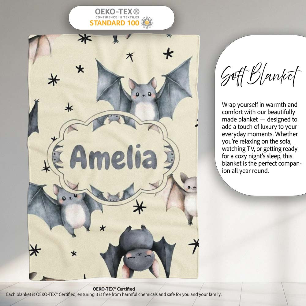 Cute Baby Bats with Stars Night Sky Beige Background Seamless Personalised Custom Name Super Soft Fleece Blanket Bed Sofa Throw