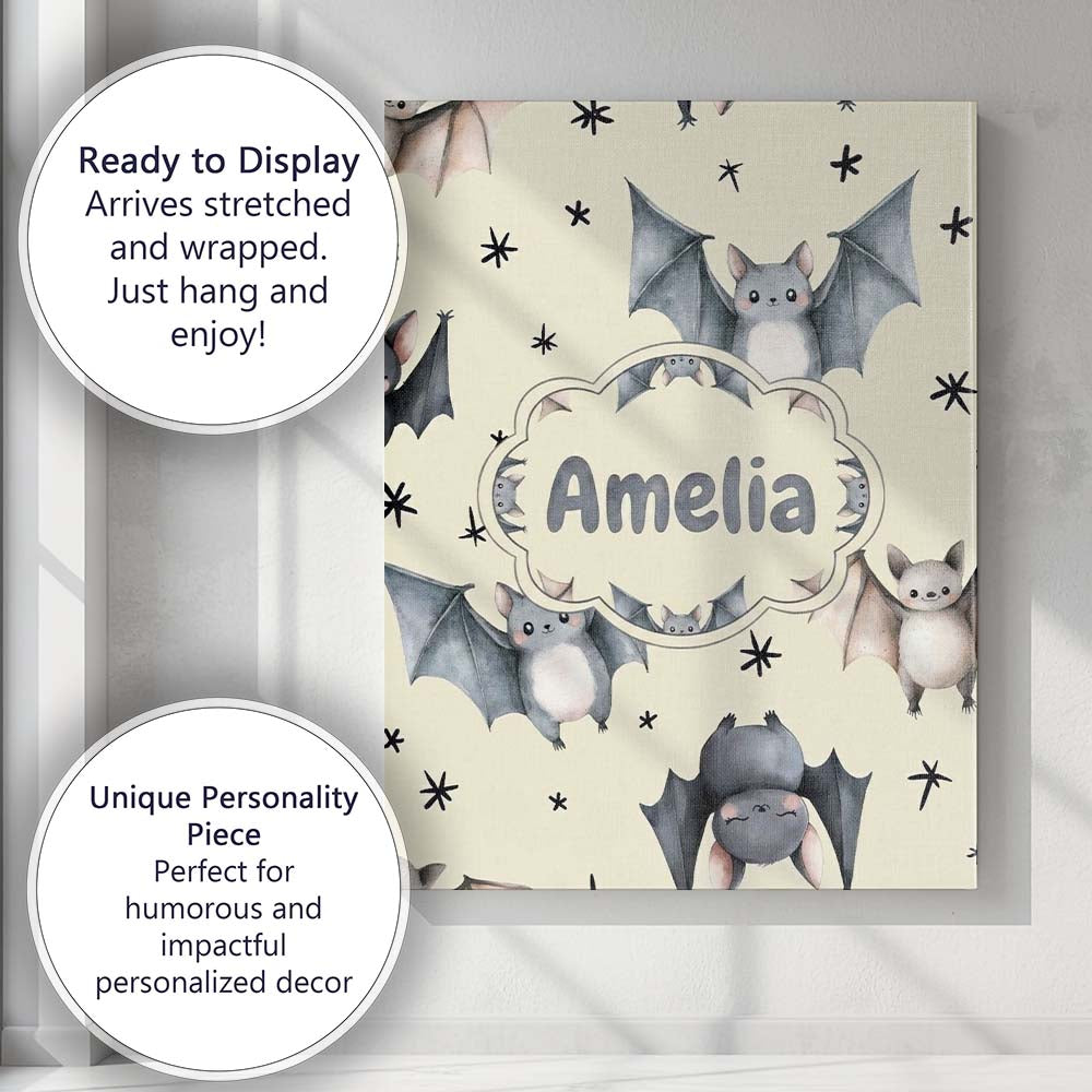 Personalised Name Cute Baby Bats with Stars Custom Bespoke Interior Contemporary Canvas Wall Art Print Decor Picture Ready to Hang