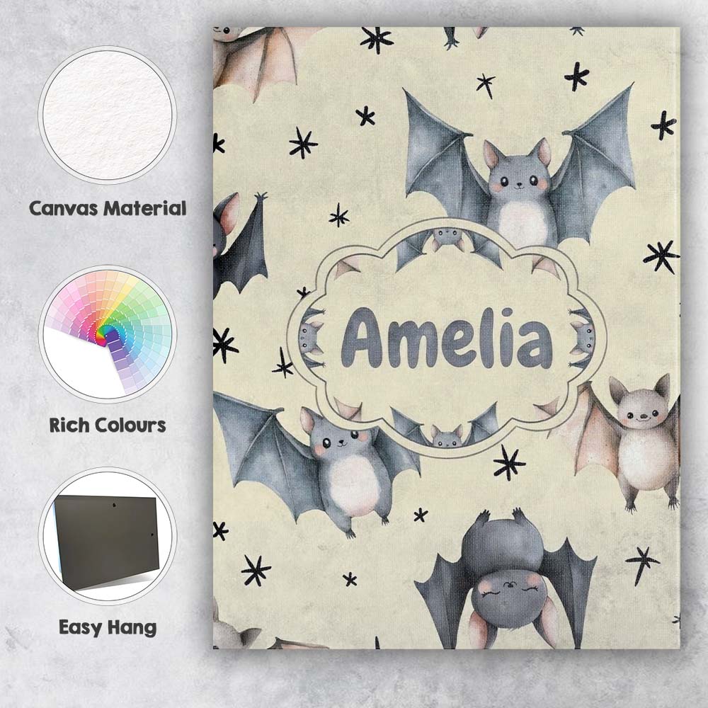 Personalised Name Cute Baby Bats with Stars Custom Bespoke Interior Contemporary Canvas Wall Art Print Decor Picture Ready to Hang
