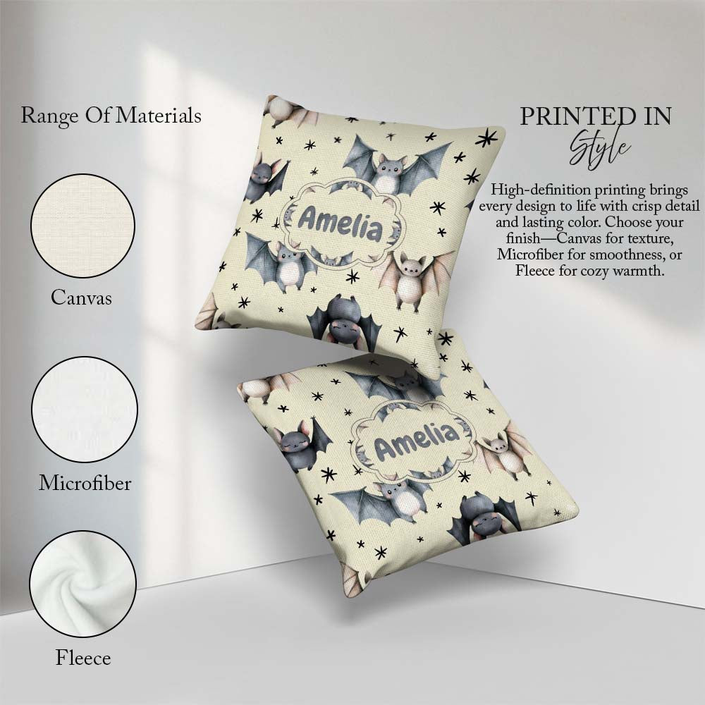 Custom Name Cute Baby Bats with Stars Night Sky Beige Background Square Filled Cushion Throw Pillow Sofa Bed Home Decor Zip Washable UK Made