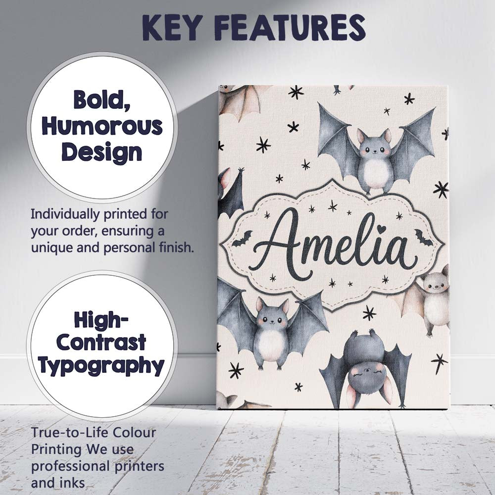 Personalised Name Cute Baby Bats Flying Custom Modern Room Accent Elegant Feature Canvas Wall Art Print Decor Picture Ready to Hang
