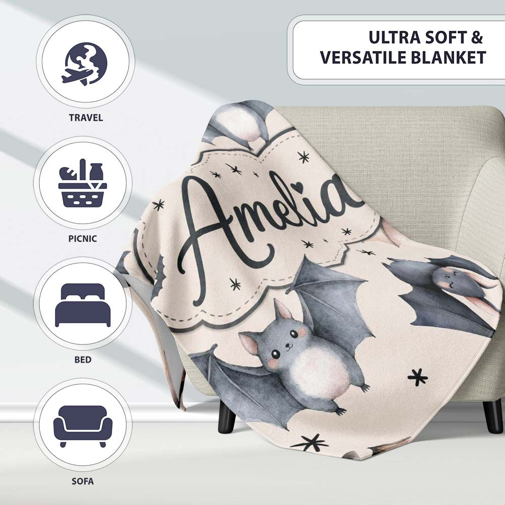 Cute Baby Bats Flying with Stars Soft Beige Background Seamless Personalised Custom Name Super Soft Fleece Blanket Bed Sofa Throw