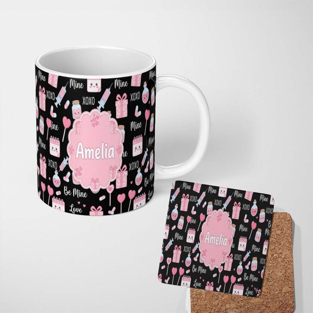 Personalized Custom Name Cute Kawaii Valentine Love Hearts Syringe Gift Calendar Light Grey 11oz Ceramic Coffee Tea Mug White Large Handle