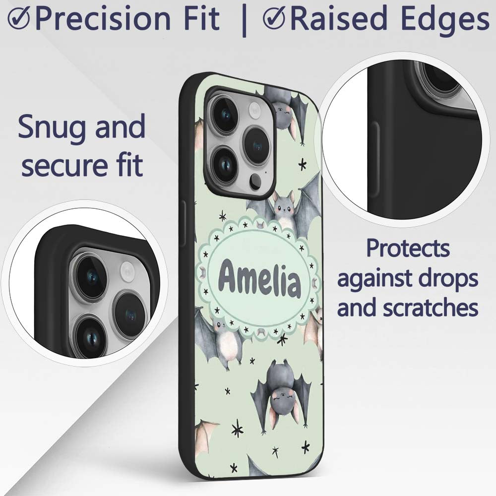 Cute Baby Bats Flying with Stars Soft Sage Green Custom Name Protective Phone Case Mobile Cover Durable Everyday Smartphone Shock Resistant