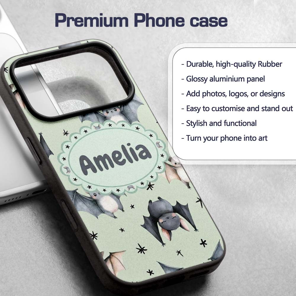 Cute Baby Bats Flying with Stars Soft Sage Green Custom Name Protective Phone Case Mobile Cover Durable Everyday Smartphone Shock Resistant