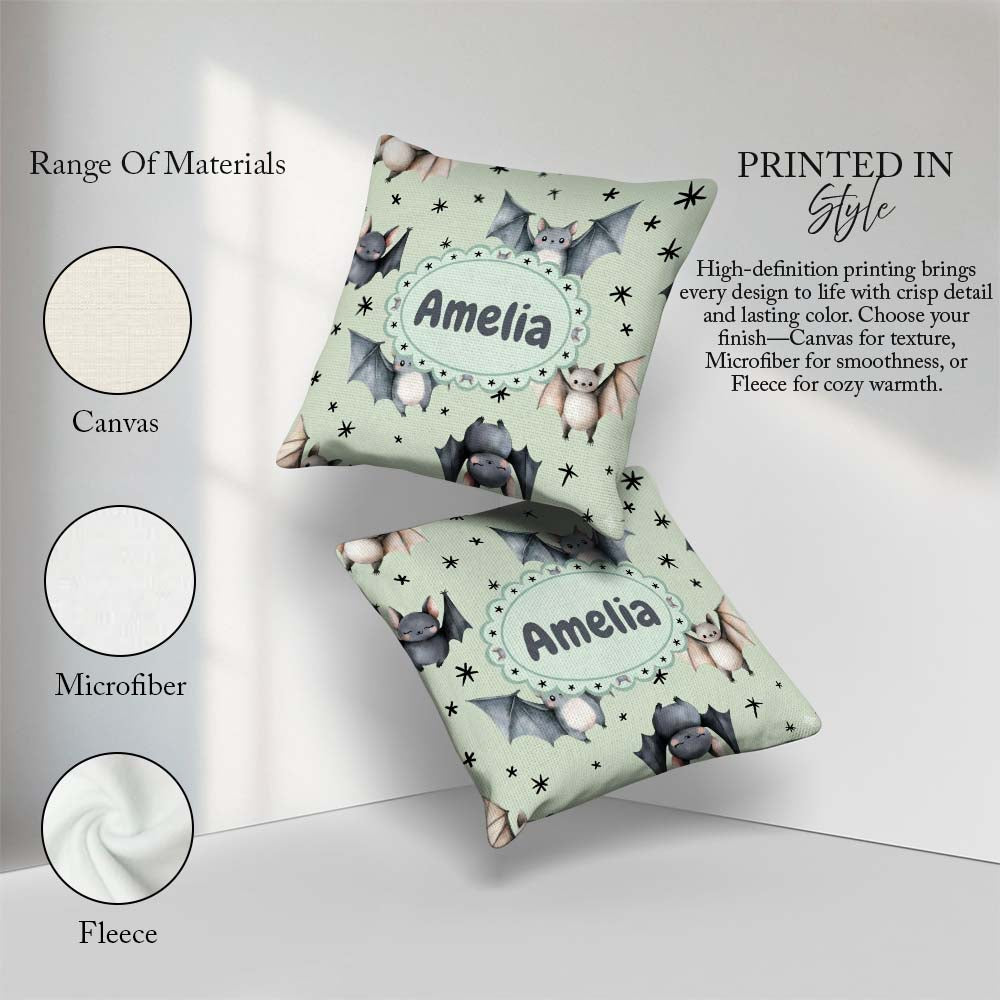 Custom Name Cute Baby Bats with Stars Soft Sage Green Background Square Filled Cushion Throw Pillow Sofa Bed Home Decor Zip Washable UK Made