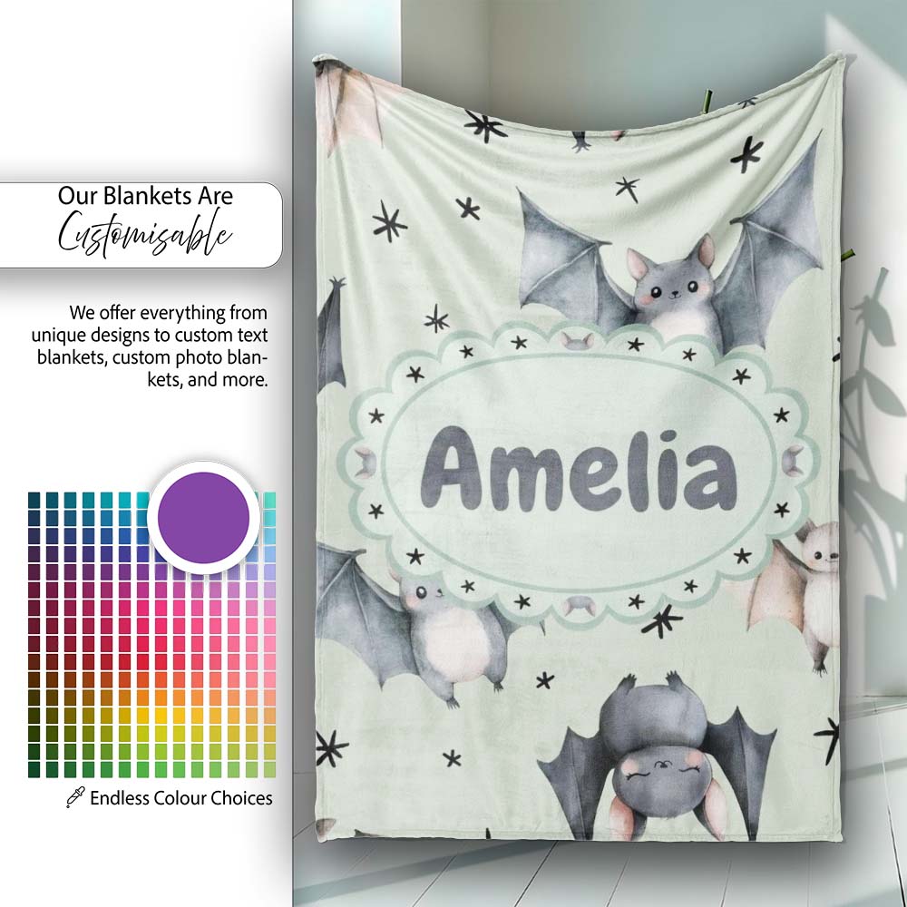 Cute Baby Bats Flying with Stars Soft Sage Green Background Personalised Custom Name Super Soft Fleece Blanket Bed Sofa Throw