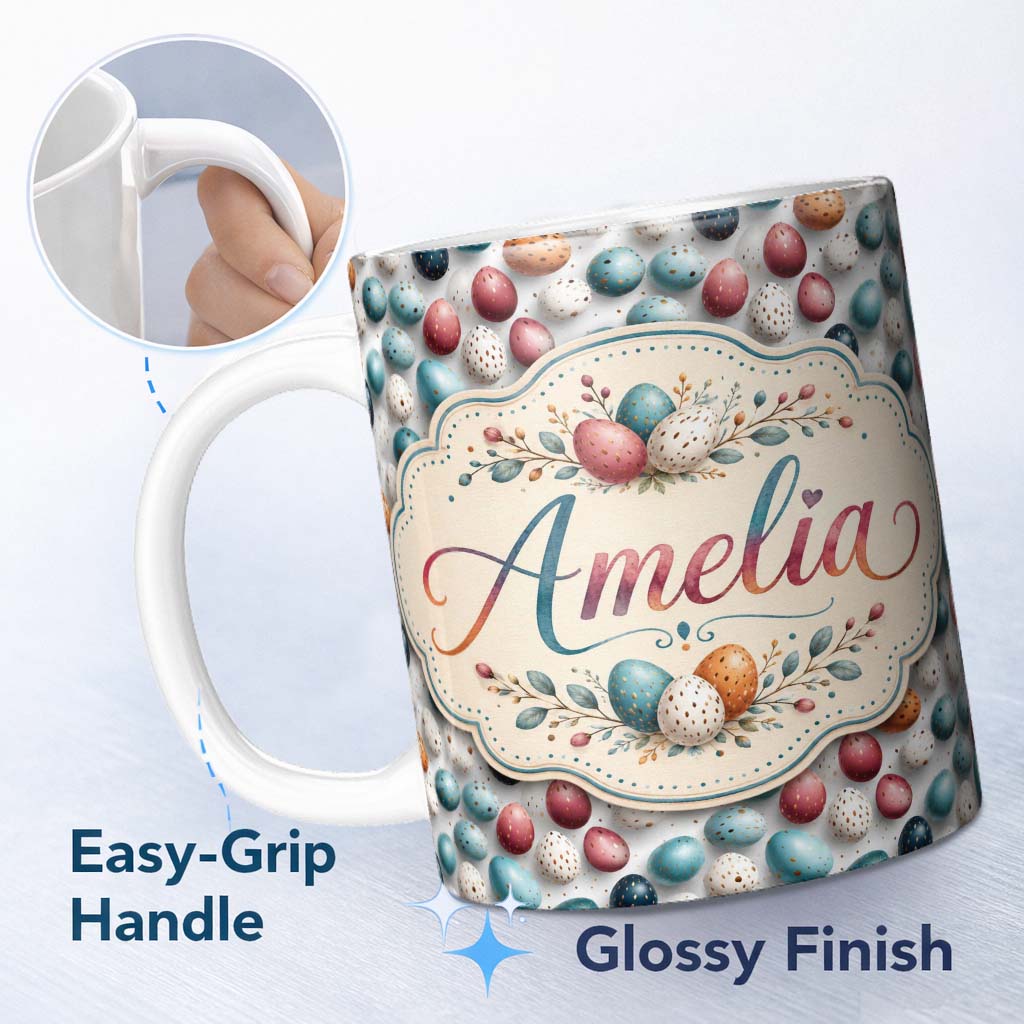 Personalized Custom Name Colorful Speckled Easter Eggs on Light Background Seamless Pattern 11oz Ceramic Coffee Tea Mug White Large Handle