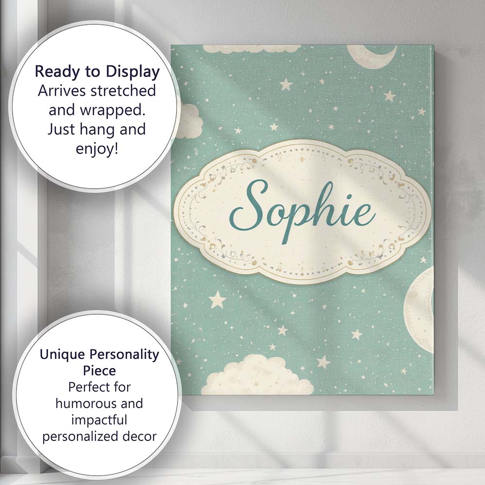 Personalised Name Soft Teal Moon Stars Dreamy Sky Seamless Pattern Custom Unique Canvas Wall Art Print Decor Picture Ready to Hang