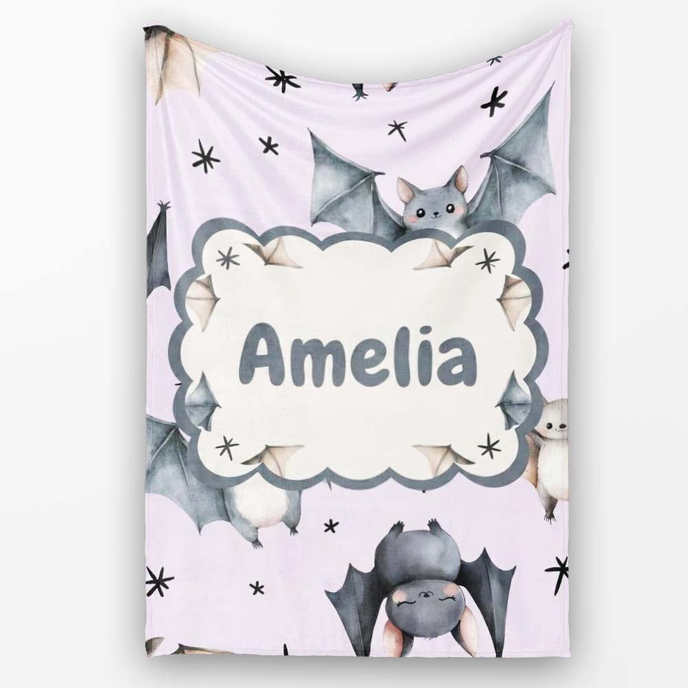 Cute Baby Bats Flying with Stars Soft Lavender Background Seamless Personalised Custom Name Super Soft Fleece Blanket Bed Sofa Throw