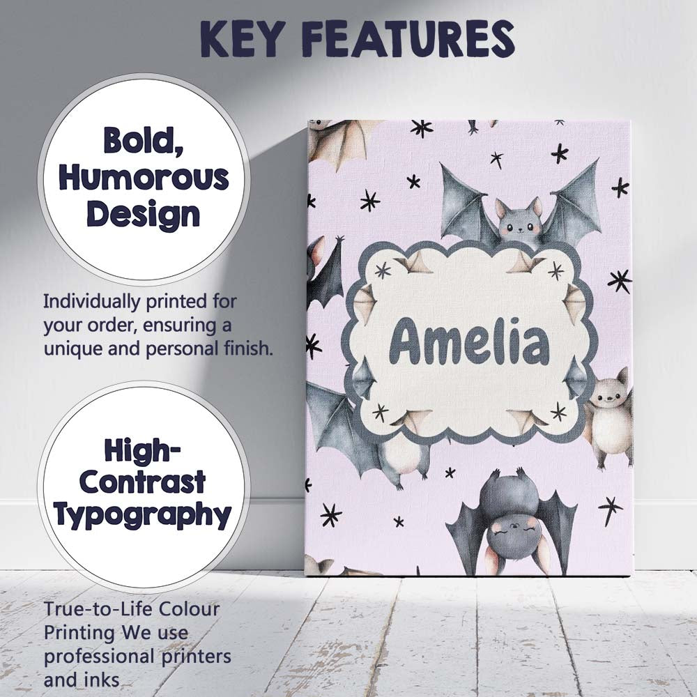 Personalised Name Cute Baby Bats Flying Custom Modern Room Accent Elegant Feature Canvas Wall Art Print Decor Picture Ready to Hang