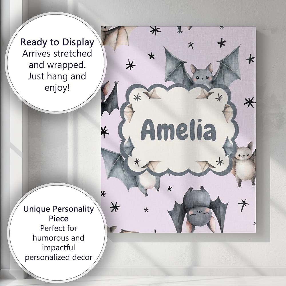 Personalised Name Cute Baby Bats Flying Custom Modern Room Accent Elegant Feature Canvas Wall Art Print Decor Picture Ready to Hang
