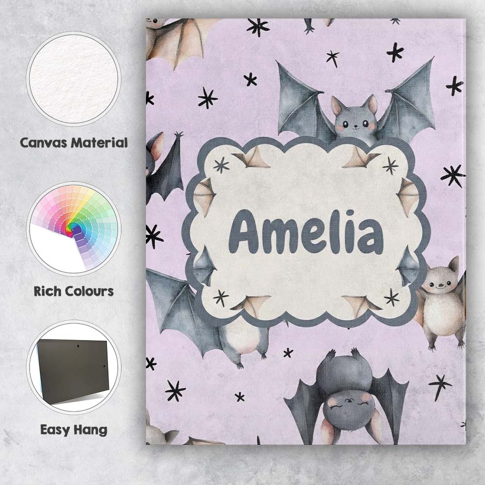 Personalised Name Cute Baby Bats Flying Custom Modern Room Accent Elegant Feature Canvas Wall Art Print Decor Picture Ready to Hang