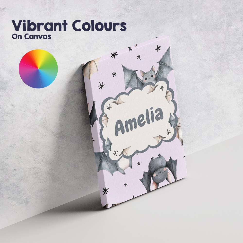 Personalised Name Cute Baby Bats Flying Custom Modern Room Accent Elegant Feature Canvas Wall Art Print Decor Picture Ready to Hang