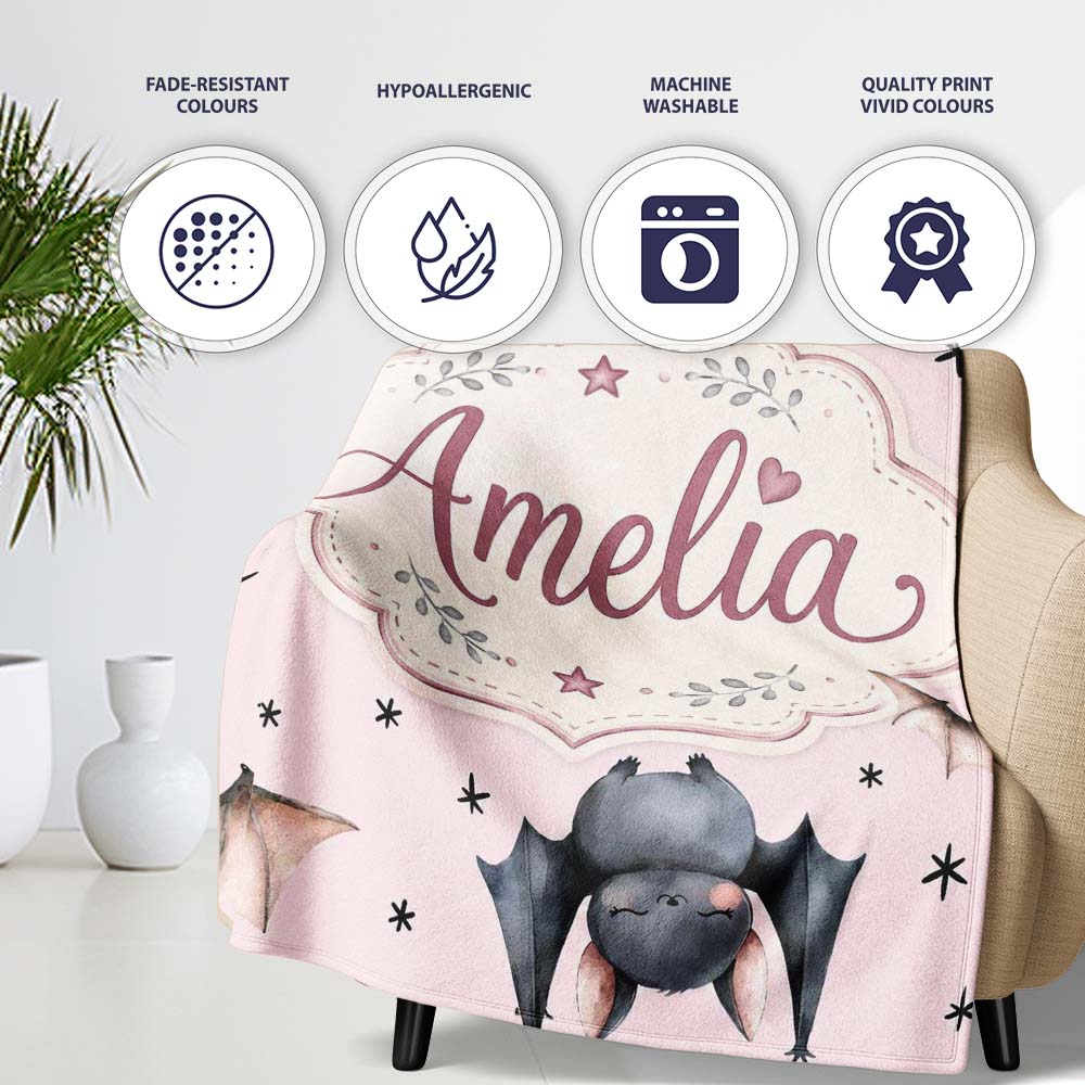 Cute Baby Bats Flying with Stars Soft Blush Pink Background Personalised Custom Name Super Soft Fleece Blanket Bed Sofa Throw
