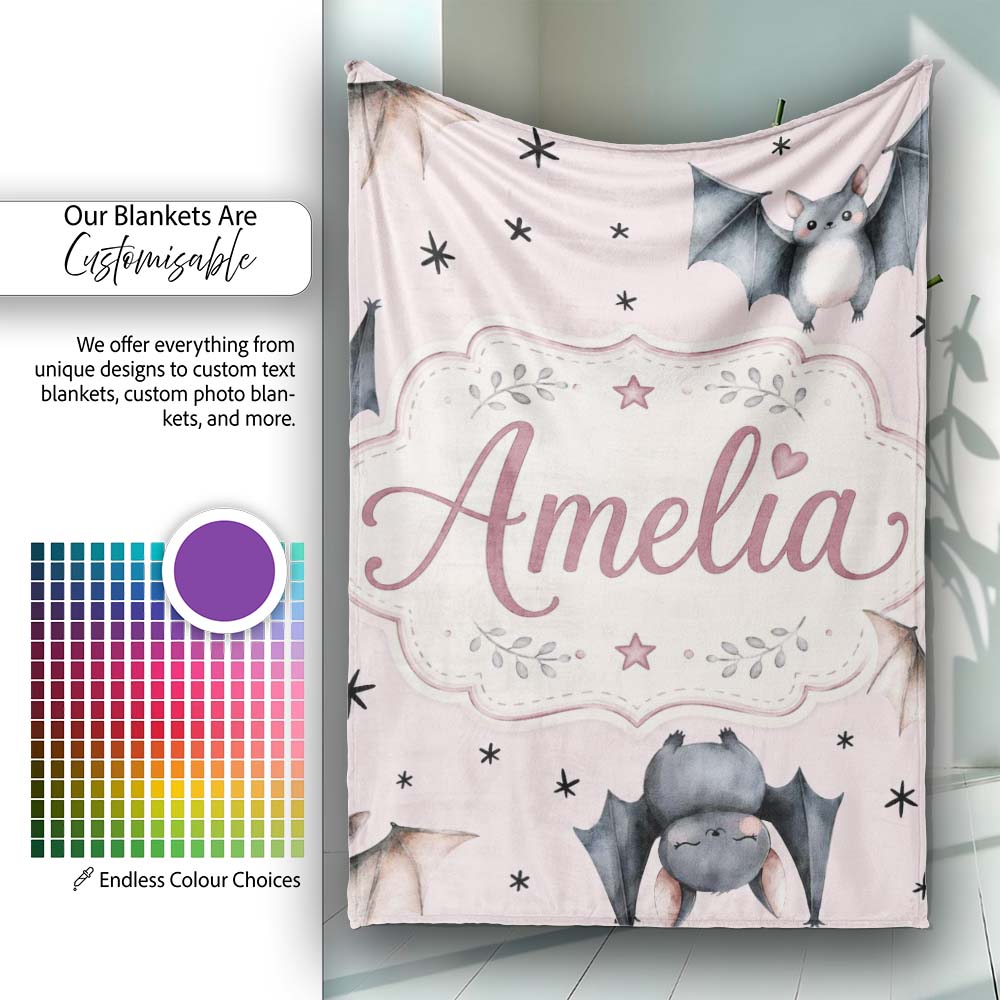 Cute Baby Bats Flying with Stars Soft Blush Pink Background Personalised Custom Name Super Soft Fleece Blanket Bed Sofa Throw