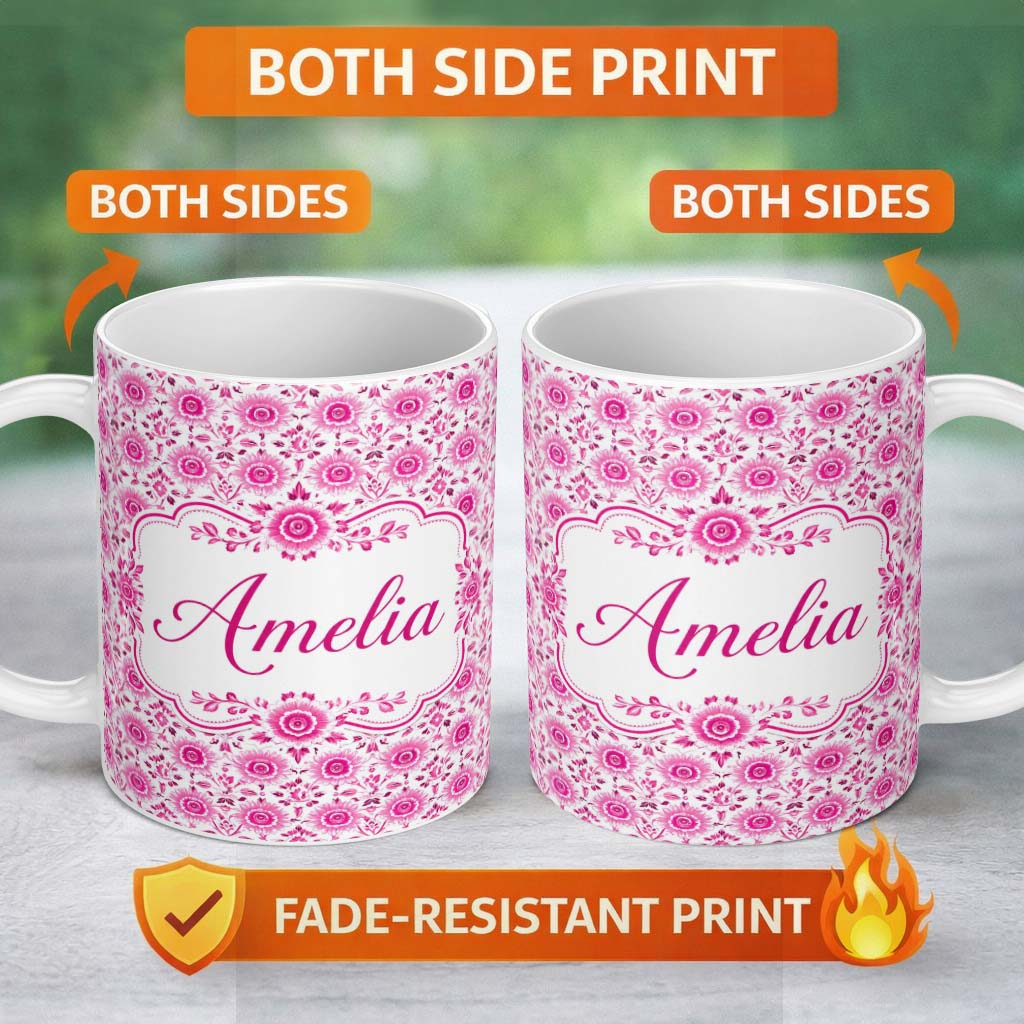 Personalized Custom Name Bright Pink Floral Folk Art Pattern with Decorative Blossoms Lovely 11oz Ceramic Coffee Tea Mug White Large Handle