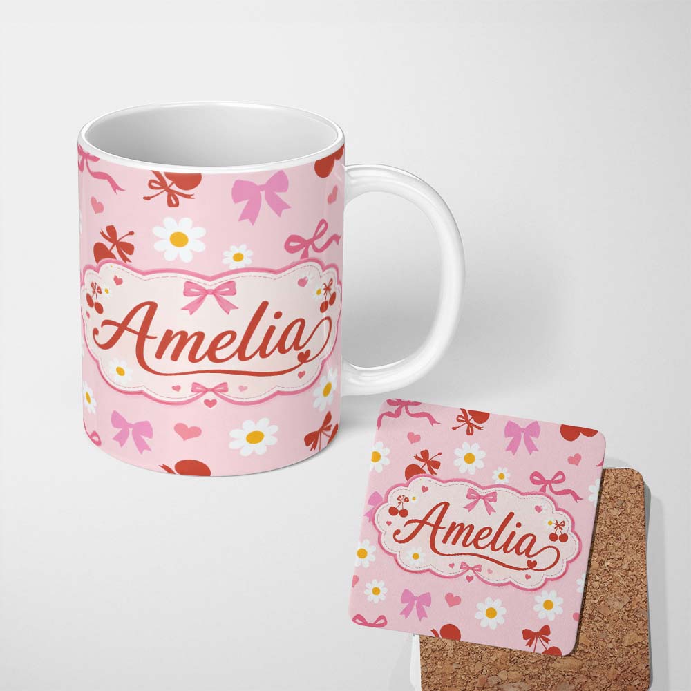 Personalized Custom Name Pastel Cherry and Ribbon Pattern with Small Flowers Pattern Soft 11oz Ceramic Coffee Tea Mug White Large Handle