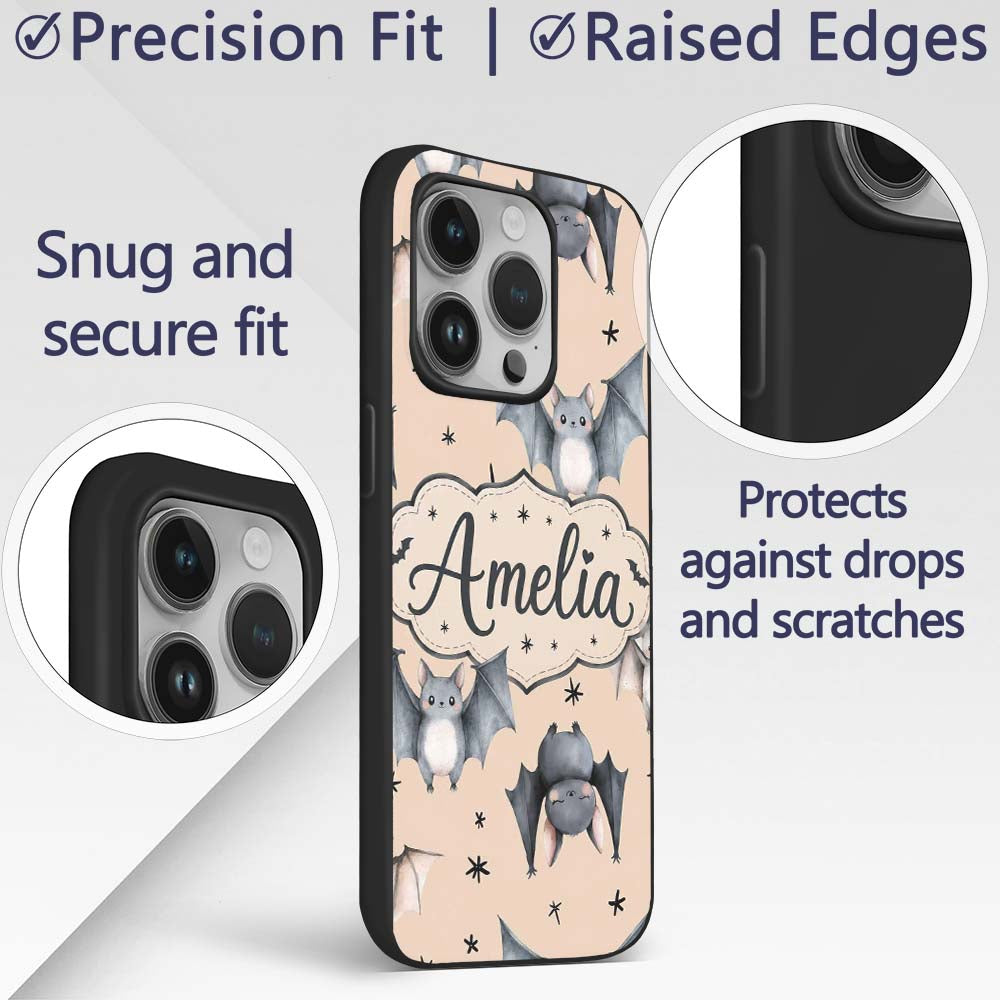 Cute Baby Bats Flying with Stars Printed Design Custom Name Protective Phone Case Mobile Cover Durable Everyday Smartphone Shock Resistant