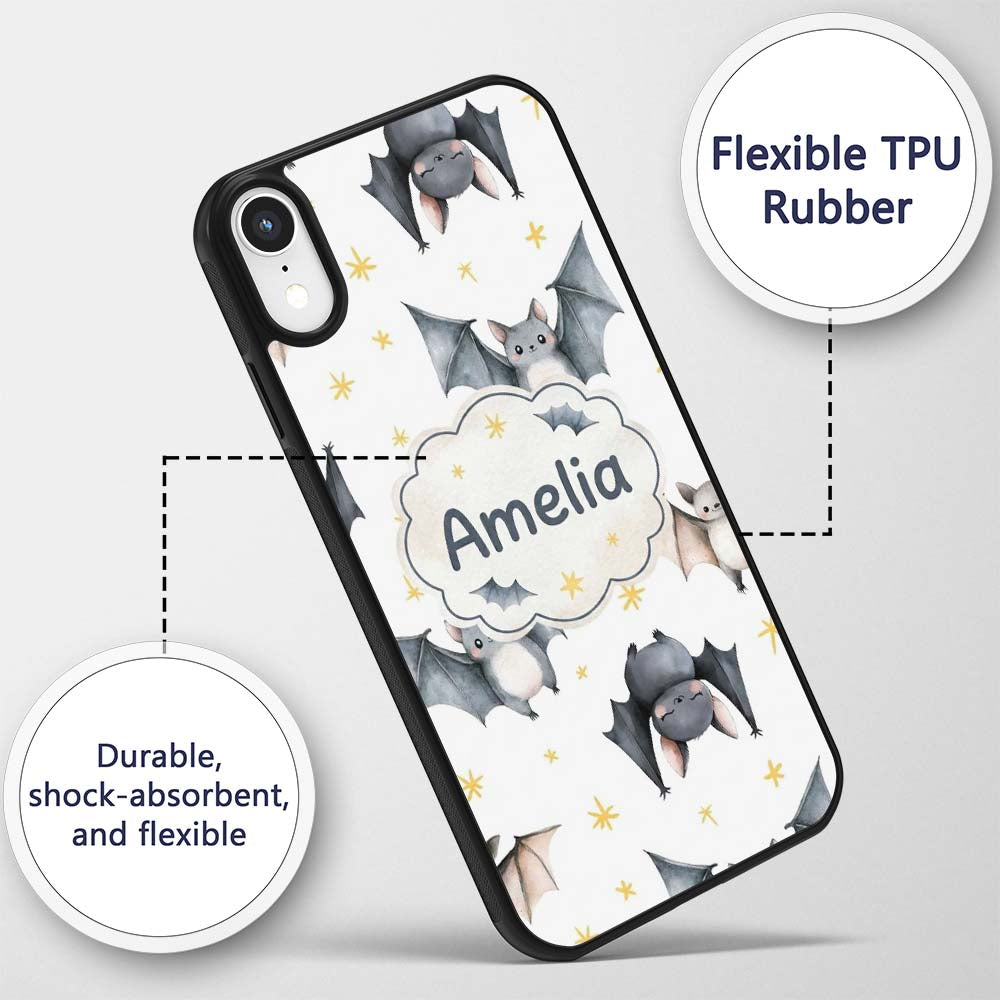 Cute Baby Bats Flying with Stars Printed Design Custom Name Protective Phone Case Mobile Cover Durable Everyday Smartphone Shock Resistant