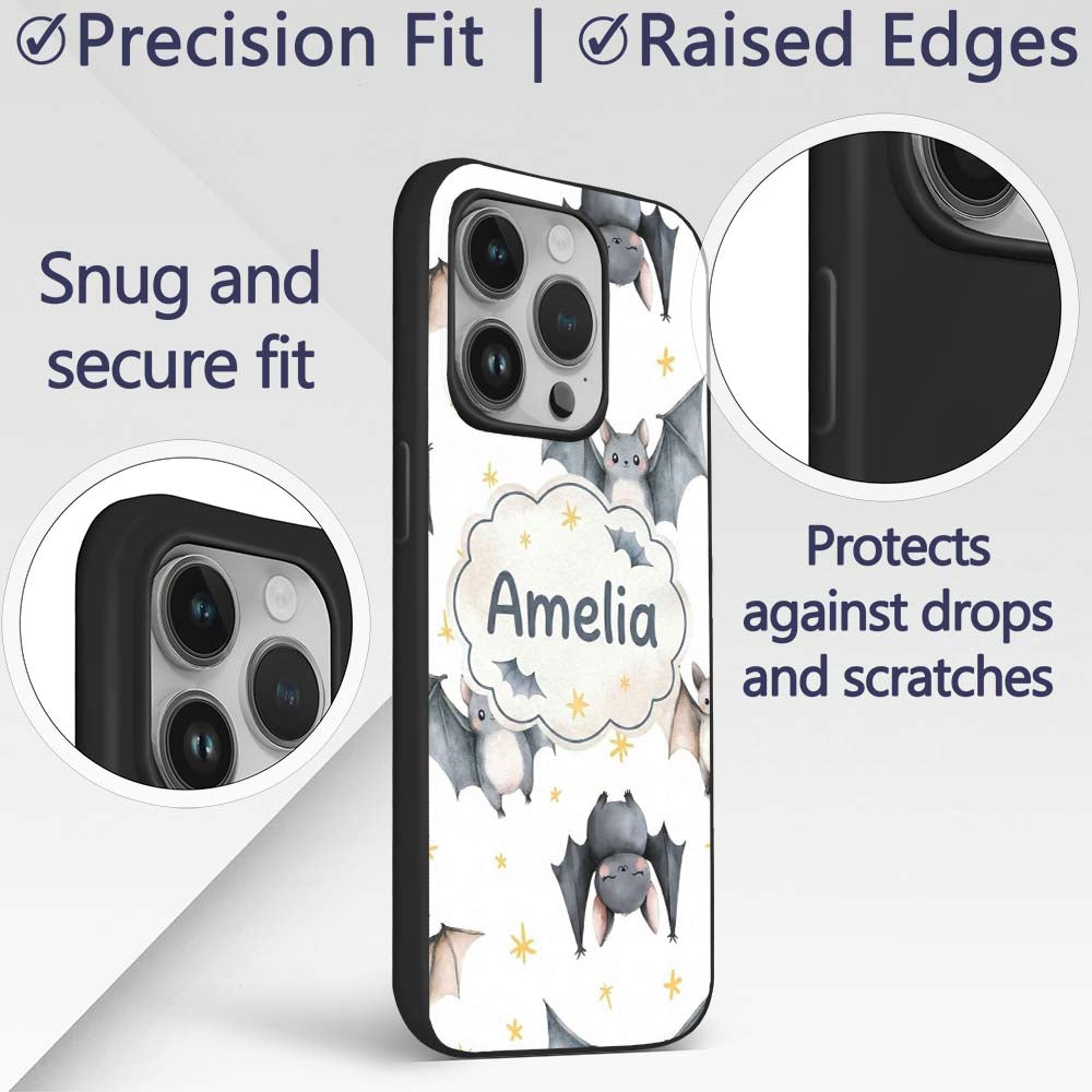 Cute Baby Bats Flying with Stars Printed Design Custom Name Protective Phone Case Mobile Cover Durable Everyday Smartphone Shock Resistant