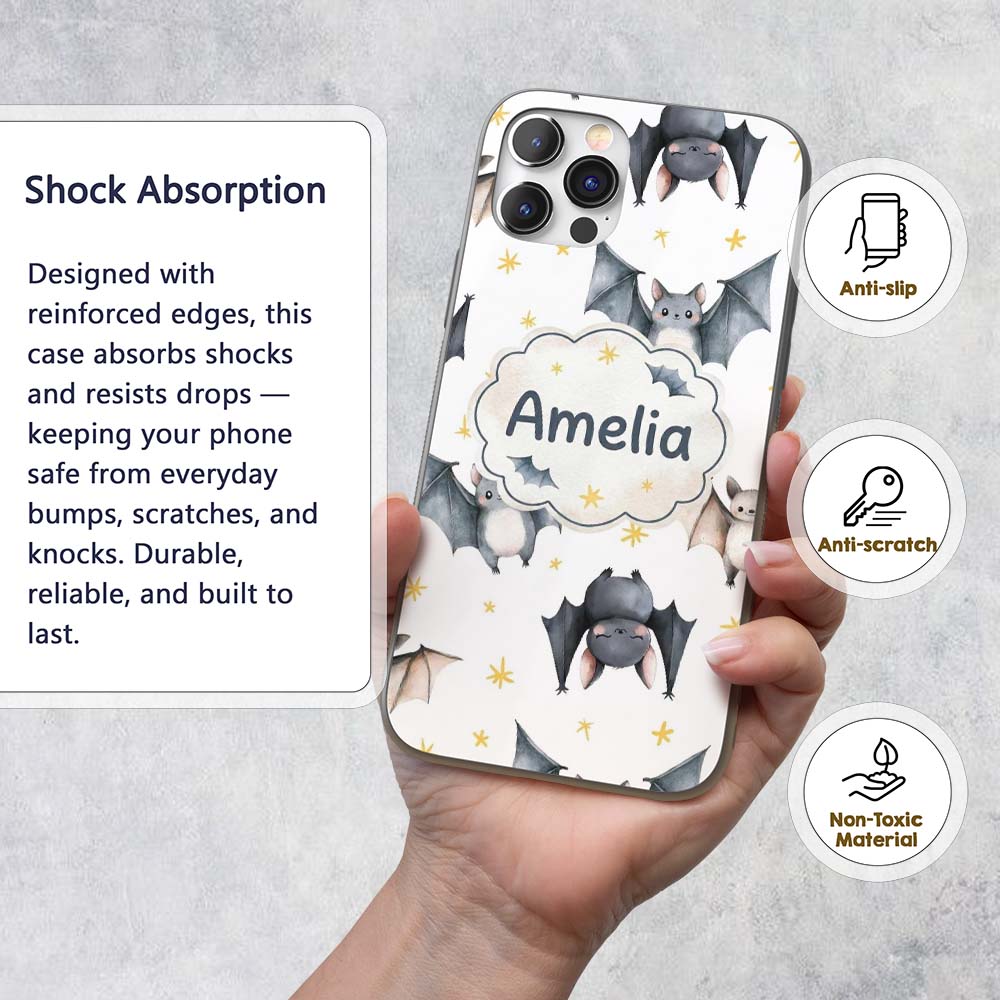 Cute Baby Bats Flying with Stars Printed Design Custom Name Protective Phone Case Mobile Cover Durable Everyday Smartphone Shock Resistant