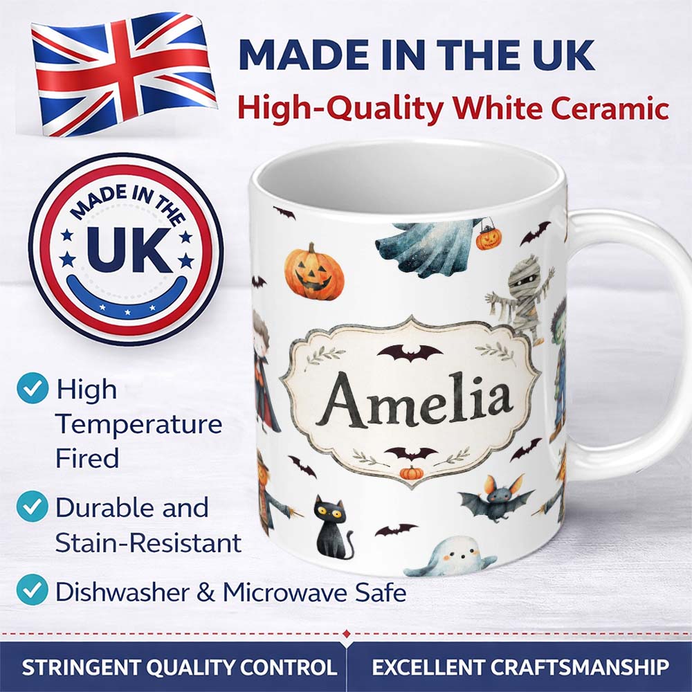 Personalized Custom Name Halloween Zombie Mummy Vampire Bat Spooky Light Grey Seamless 11oz Ceramic Coffee Tea Mug White Large Handle