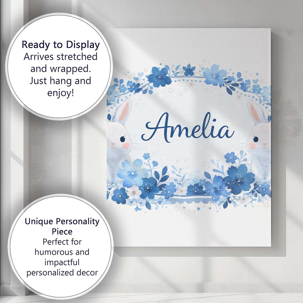 Personalised Name Cute Blue Floral Bunny Illustration Seamless Custom Modern Room Accent Canvas Wall Art Print Decor Picture Ready to Hang