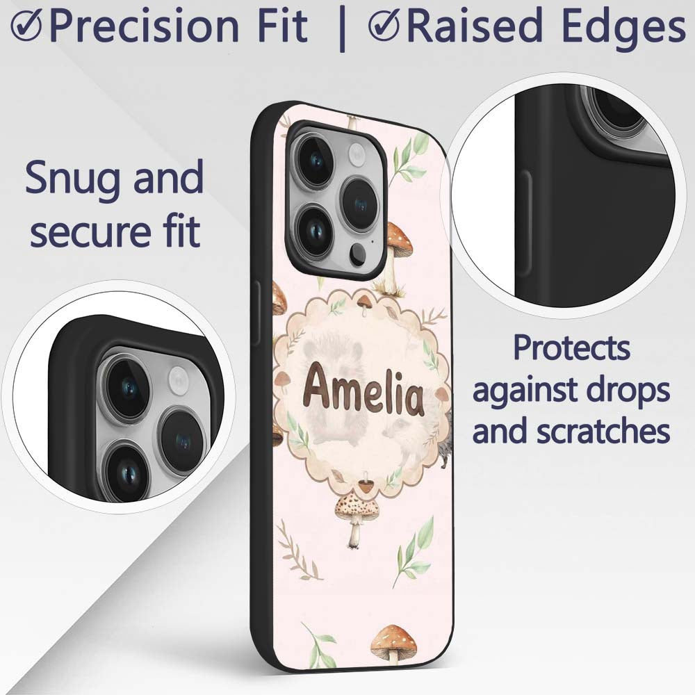 Woodland Hedgehog with Mushrooms Leaves Soft Pink Custom Name Protective Phone Case Mobile Cover Durable Everyday Smartphone Shock Resistant