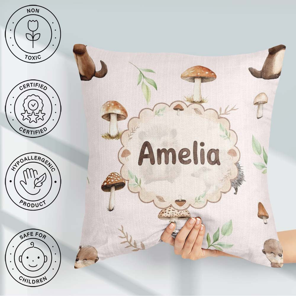 Custom Name Woodland Hedgehog with Mushrooms Leaves Soft Pattern Square Filled Cushion Throw Pillow Sofa Bed Home Decor Zip Washable UK Made