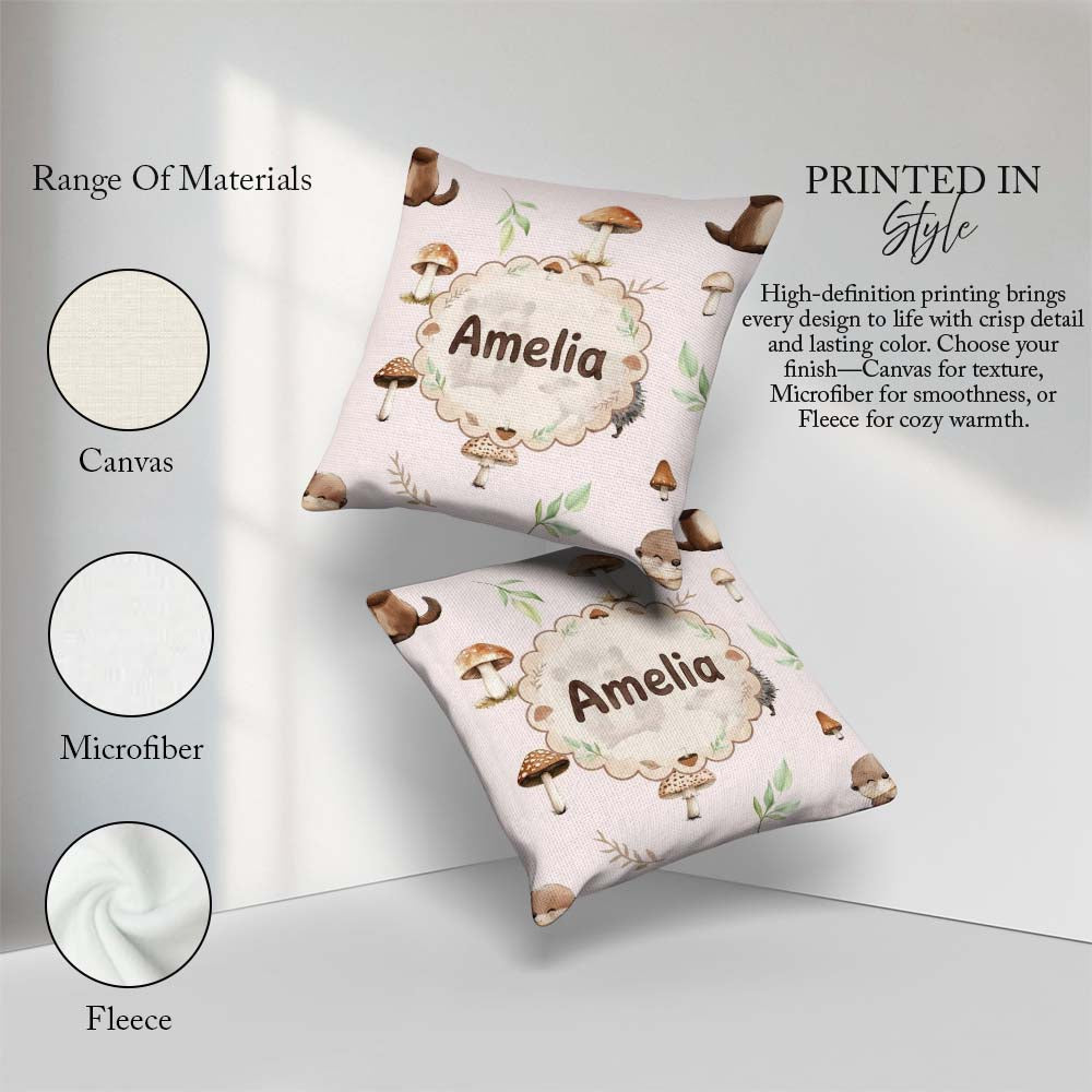 Custom Name Woodland Hedgehog with Mushrooms Leaves Soft Pattern Square Filled Cushion Throw Pillow Sofa Bed Home Decor Zip Washable UK Made