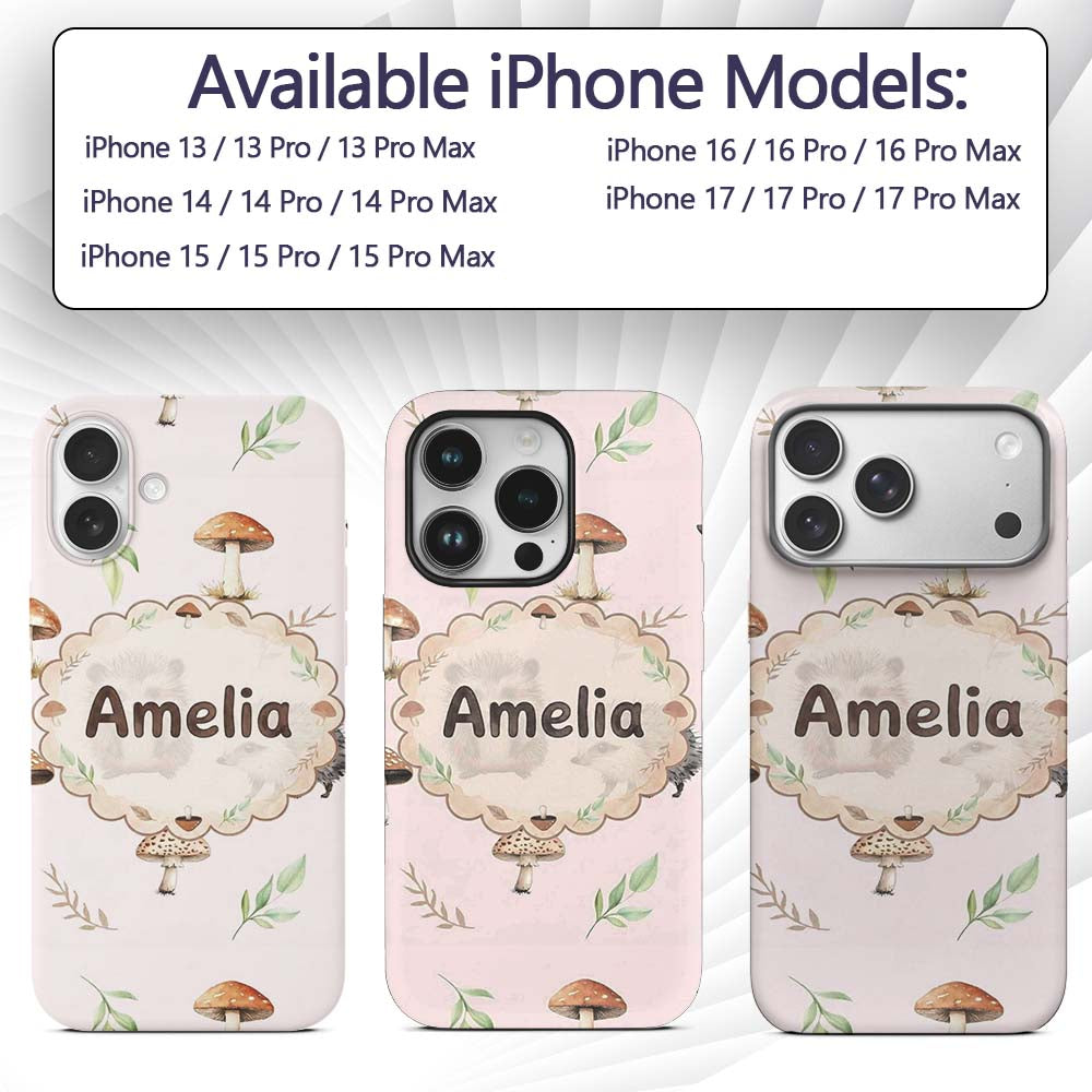 Woodland Hedgehog with Mushrooms Leaves Soft Pink Custom Name Protective Phone Case Mobile Cover Durable Everyday Smartphone Shock Resistant
