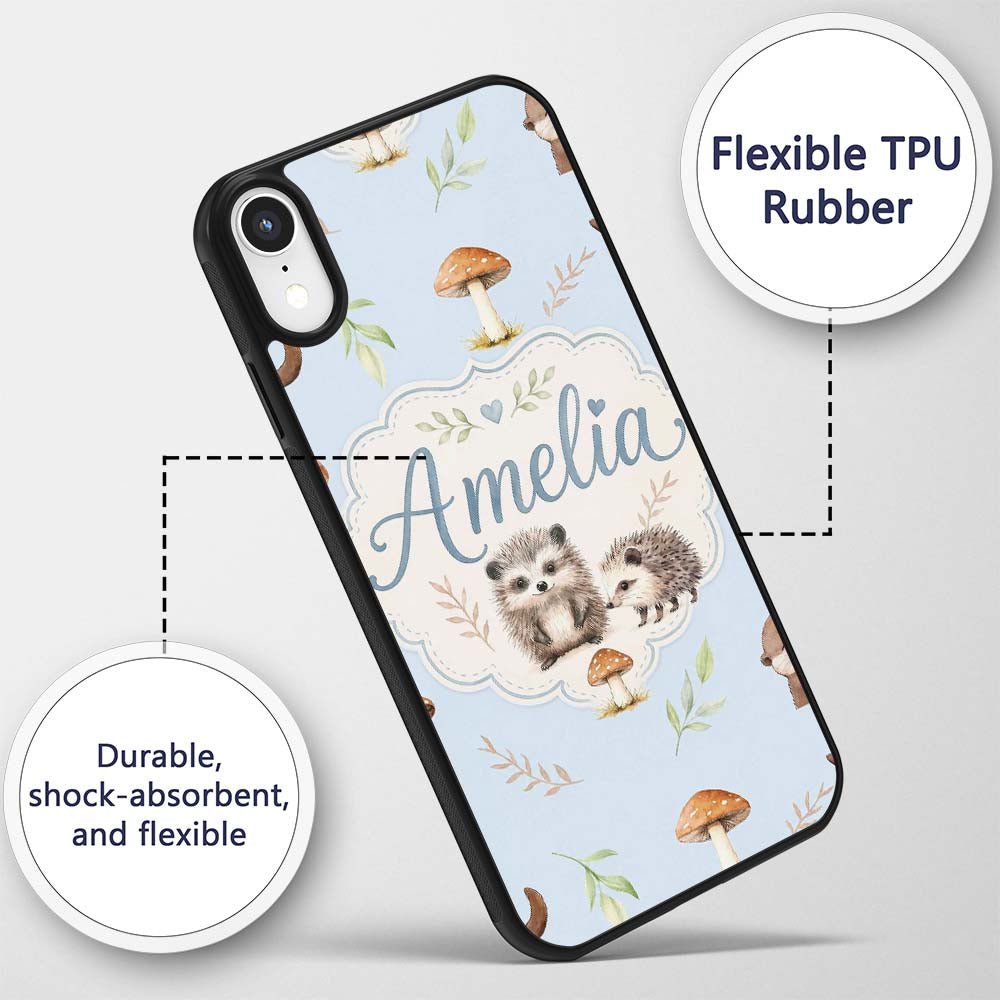 Woodland Hedgehogs with Mushrooms Leaves Soft Custom Name Protective Phone Case Mobile Cover Durable Everyday Smartphone Shock Resistant