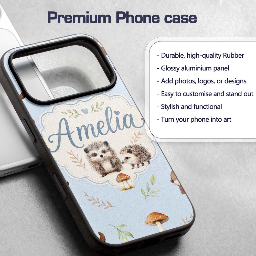 Woodland Hedgehogs with Mushrooms Leaves Soft Custom Name Protective Phone Case Mobile Cover Durable Everyday Smartphone Shock Resistant